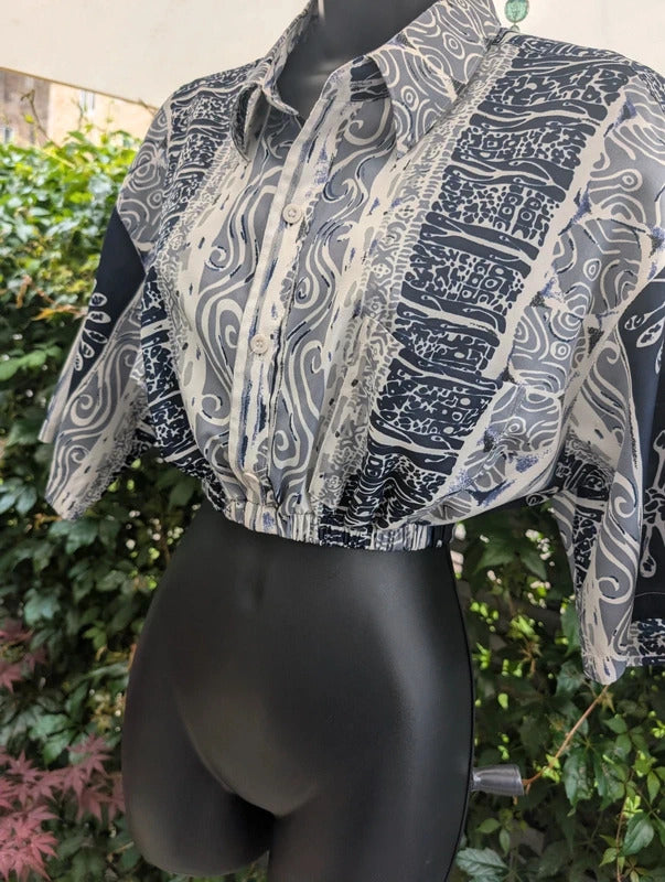 Vintage Upcycled Cropped Shirt Navy White UK8/10