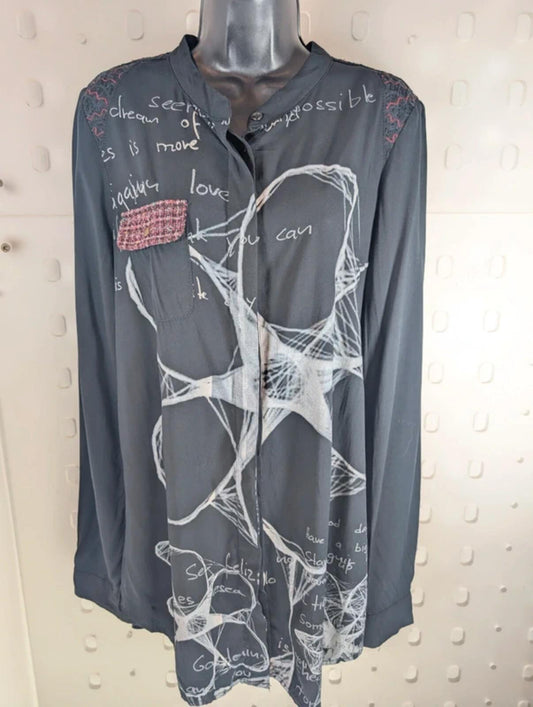 Desigual Abstract Script Print Longline Blouse Shirt Large