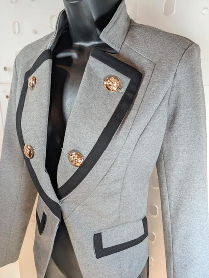 Fitted Military Style Jacket Grey Structured Blazer Statement Buttons Size S
