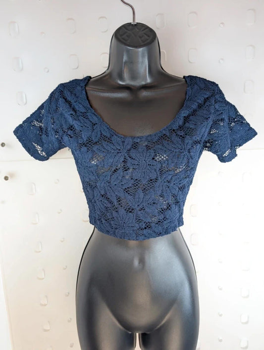 Navy Sheer Lace Crop Top – Micro Tee Festival Layering – XS/S
