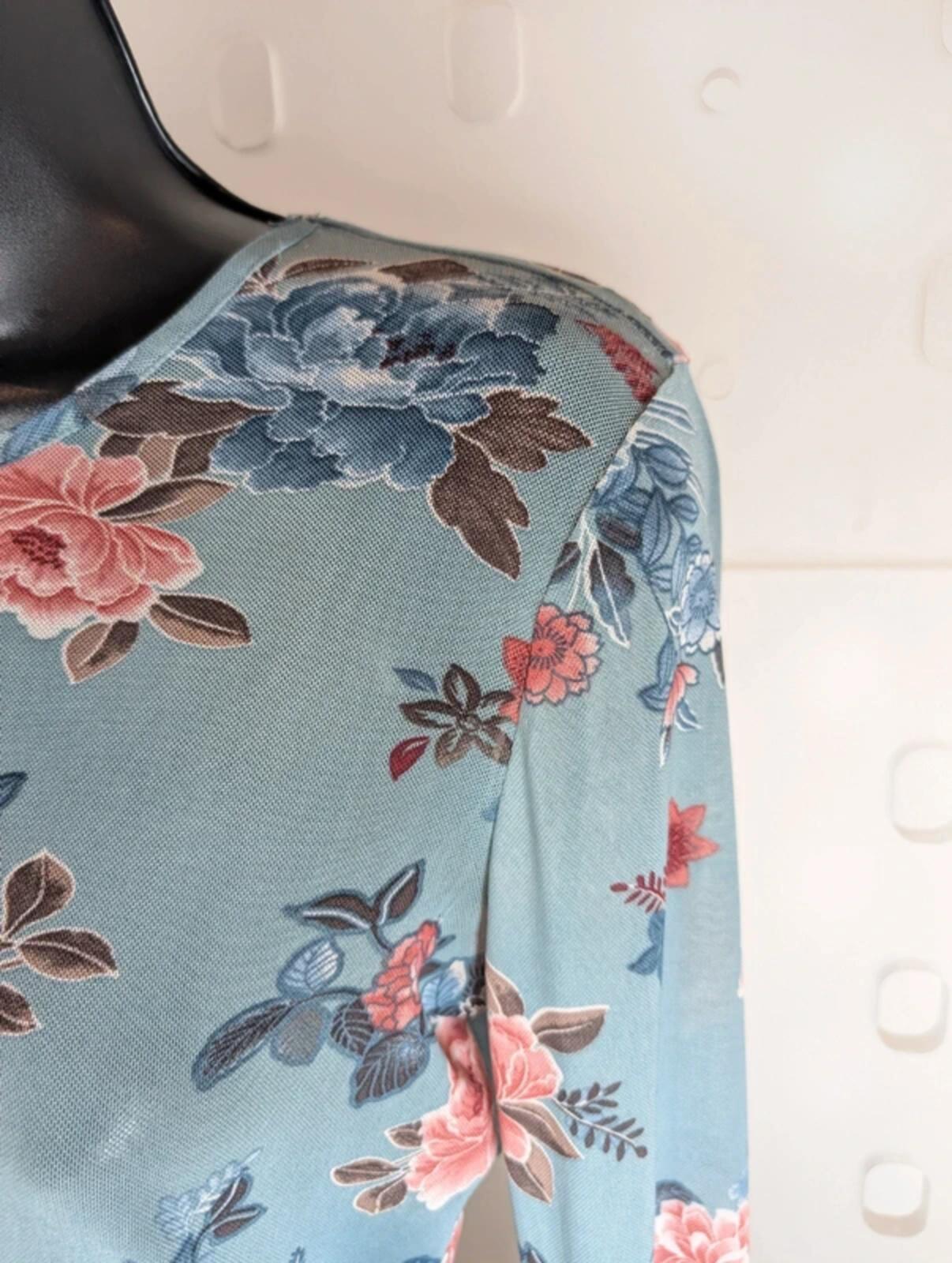 Y2K Blue Floral Mesh Top Size L Sheer Stretch