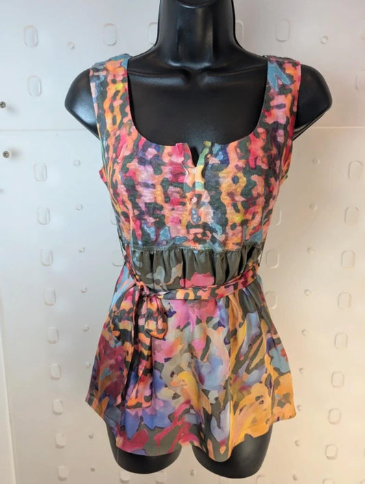 Adolfo Domínguez Tie Waist Top – Satin & Knit Rainbow Camo – XS