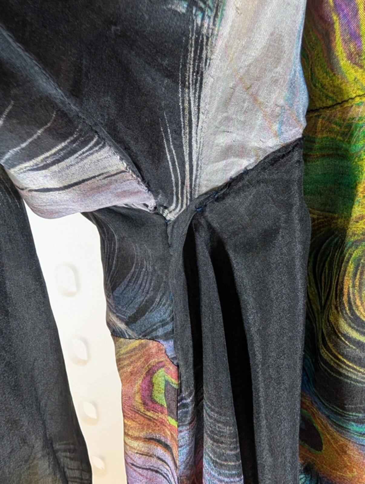 Supertrash Silk Feather Print Blouse Sheer Tie Neck Button Front