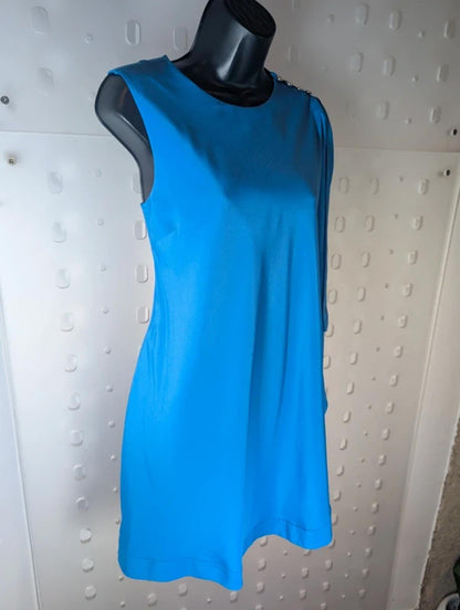 Ted Baker Blue Asymmetric Bodycon Dress Size 3 UK 12 Gold Button Detail Occasion