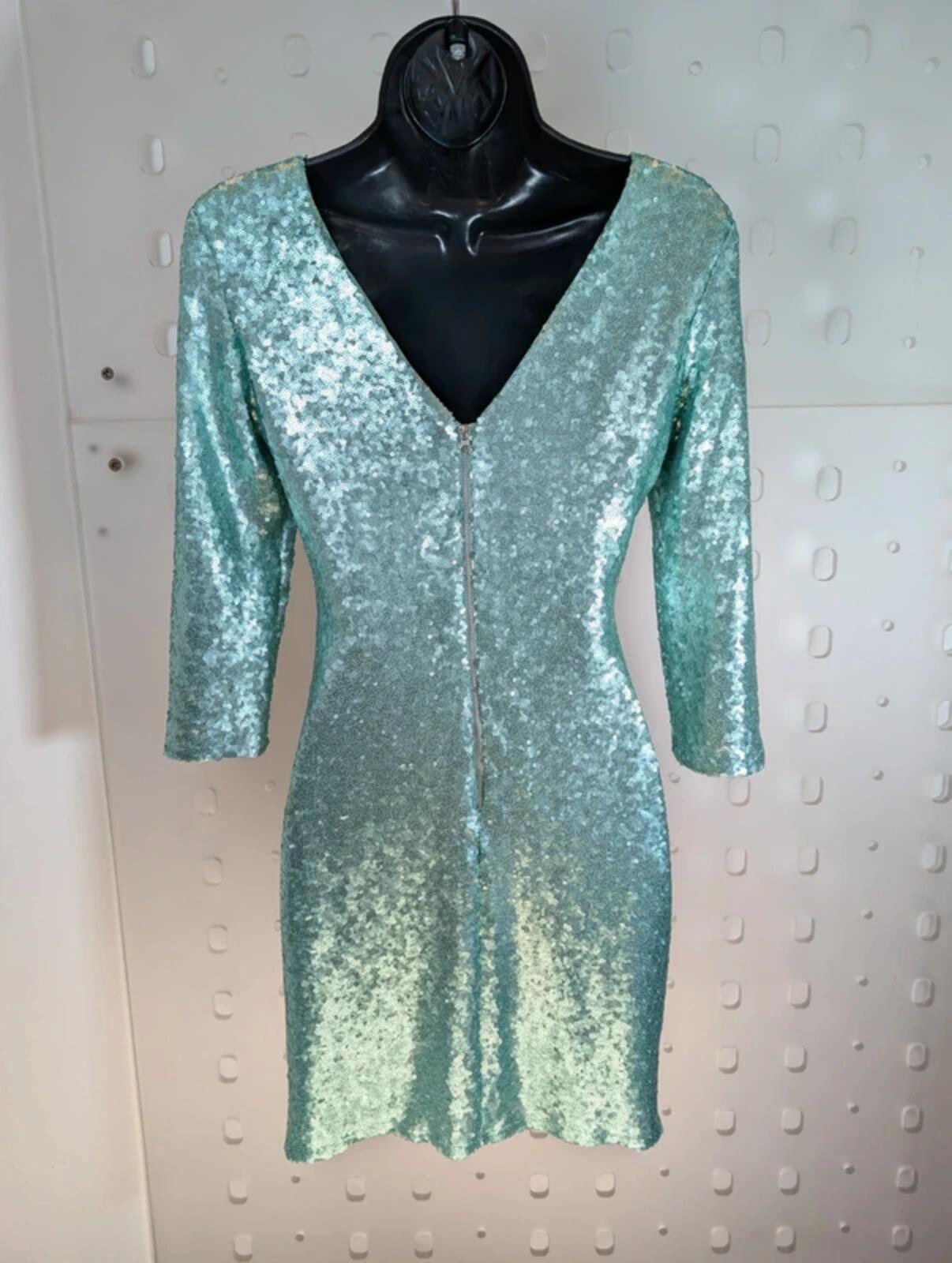 BlinQ Turquoise Sequin Dress UK10 Mermaid Shimmer 3/4 Sleeve Occasion Party