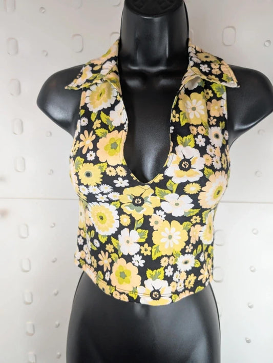 Motel Daisy Print Crop Top Black Yellow XS