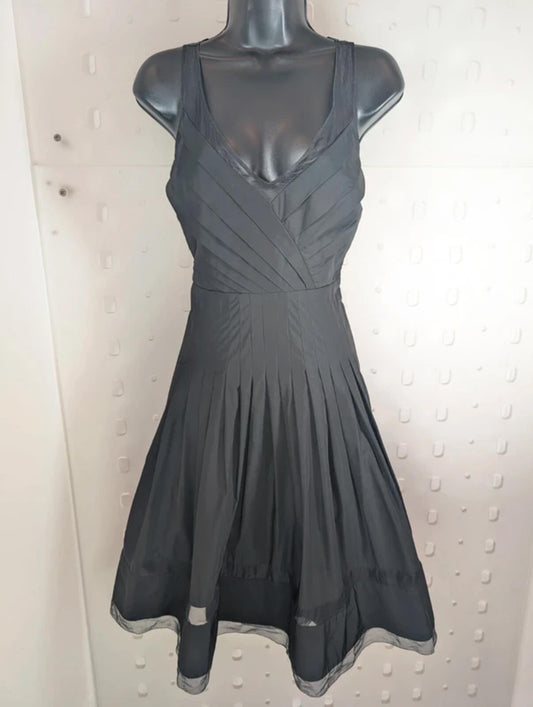 Coast Black Taffeta Fit & Flare Dress UK12 Gothic Sheer Panel