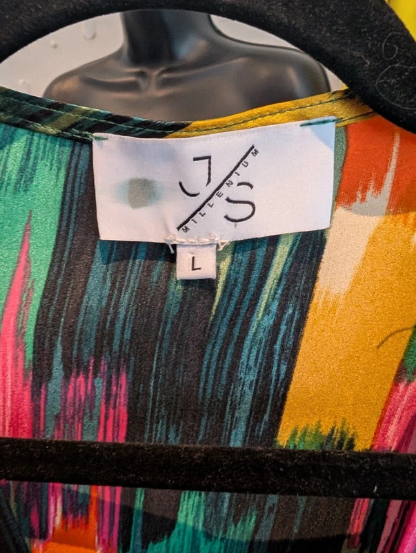 J S Millenium Satin Brush Stroke Wrap Mini Dress Large