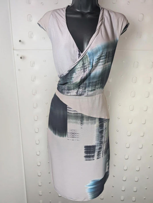 Reiss Taupe Digital Print Wrap Dress UK 10 Viscose Lined Occasion