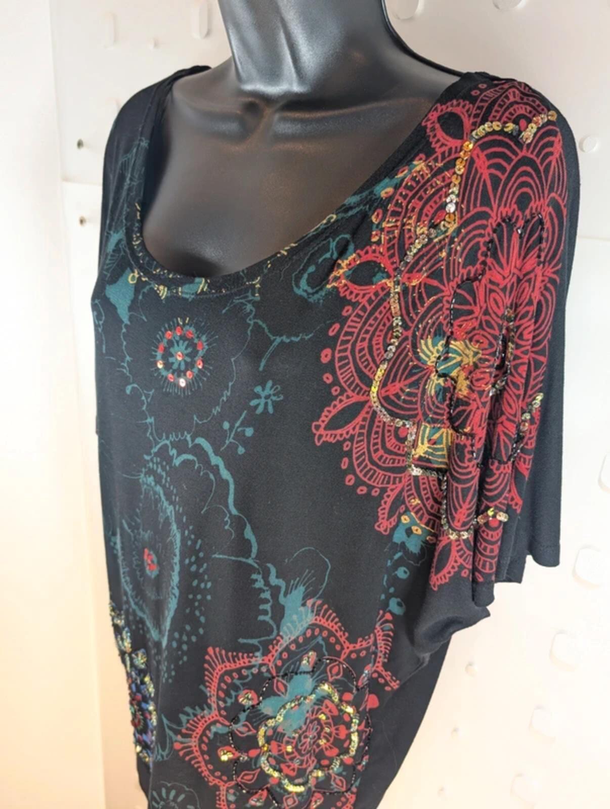 Desigual Batwing Floral Longline Tee – Black Viscose – Size S/M