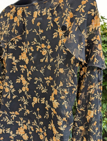 Envy Black & Mustard Floral Tie Neck Blouse UK8