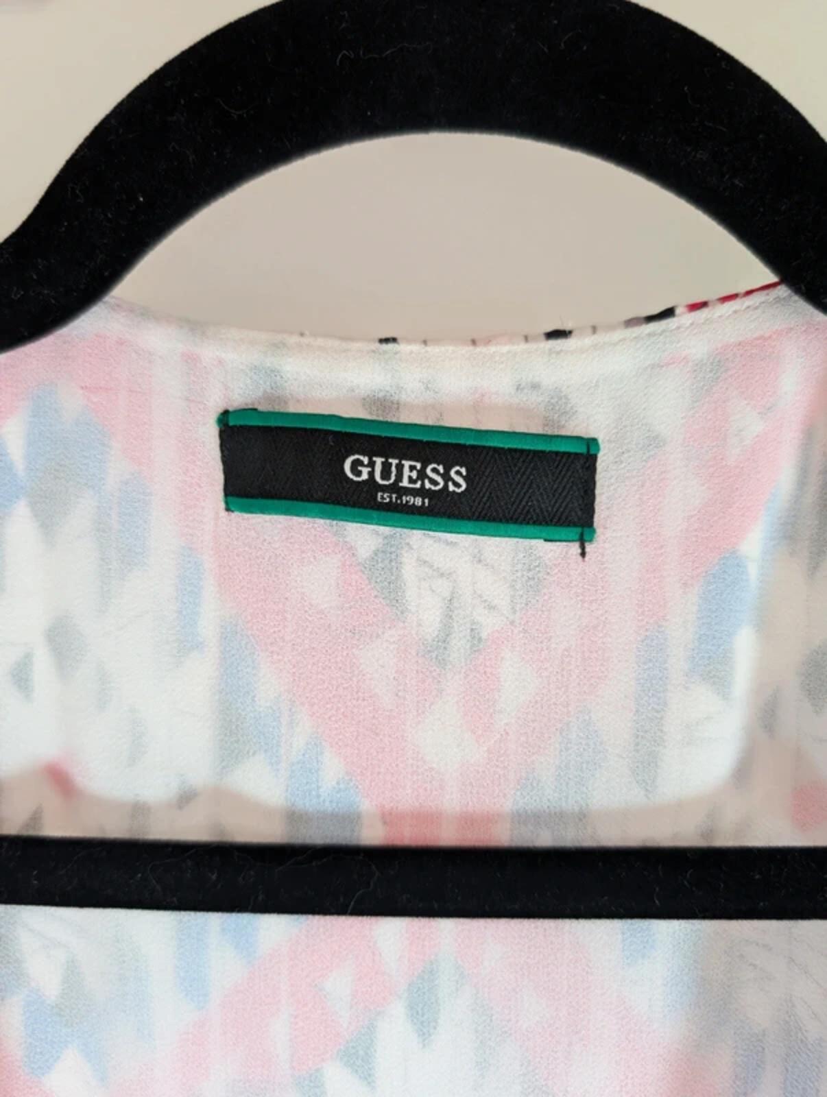 Guess Satin Wrap Dress – Puff Sleeve Tie Waist – Printed Midi – S