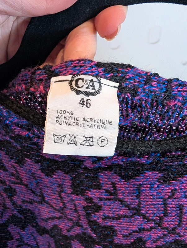Vintage C&A Purple Black Abstract Leaf Batwing Jumper UK10