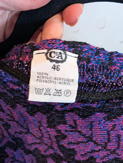 Vintage C&A Purple Black Abstract Leaf Batwing Jumper UK10