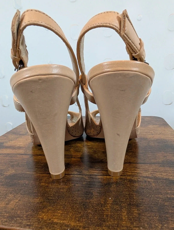 Jaeger Nude Perforated Leather Peep Toe Slingback Heels EU39 UK6