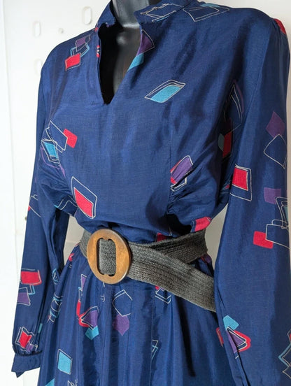 Vintage Navy Abstract Print Midi Dress Made in Greece
