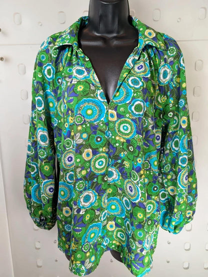 Traffic People 70s Print Blouse Size S Retro Green Floral NWT RRP £76
