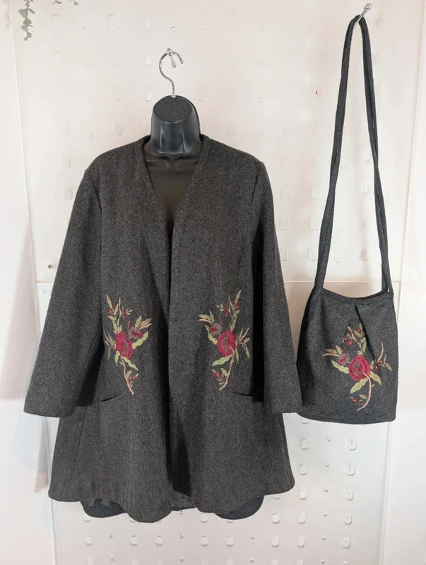 Vintage Cazz Grey Wool Blend Embroidered Swing Coat & Matching Bag M