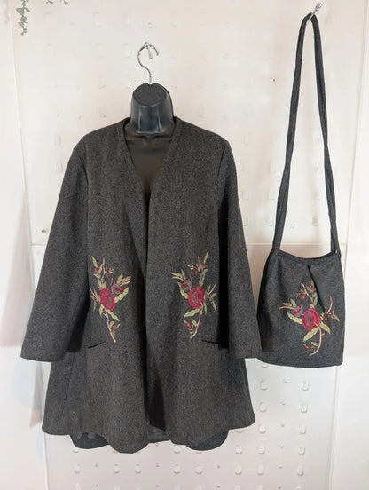 Vintage Cazz Grey Wool Blend Embroidered Swing Coat & Matching Bag M