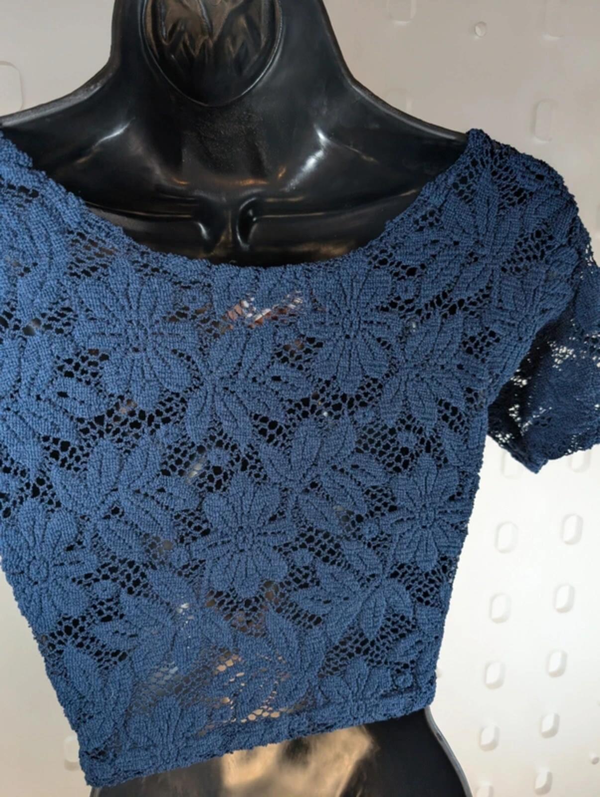 Navy Sheer Lace Crop Top – Micro Tee Festival Layering – XS/S