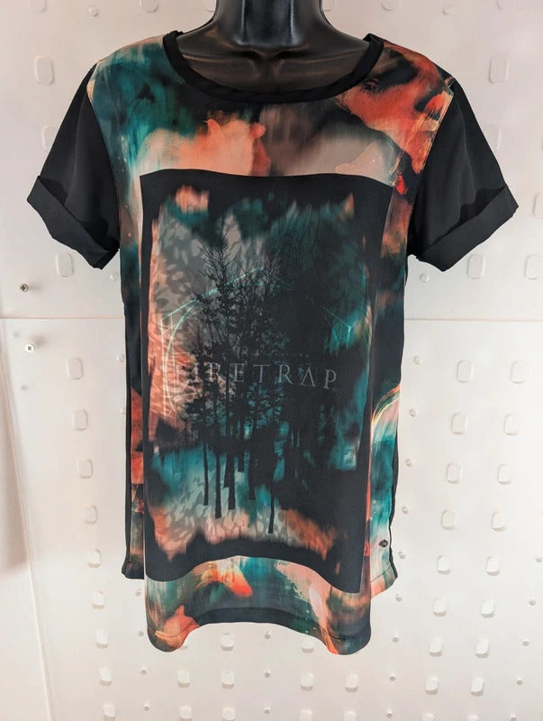 Firetrap Graphic Longline T-Shirt Black UK10 Y2K