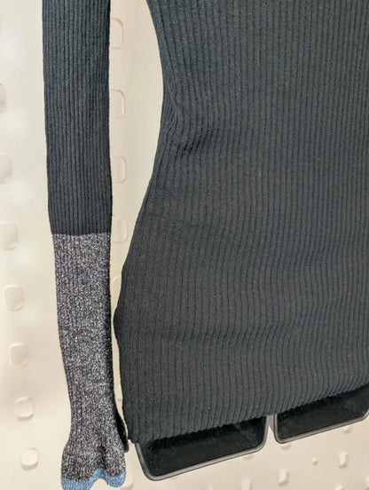 Rue de Femme Ribbed Knit Top M Black Lurex Fluted Sleeve Slim Fit