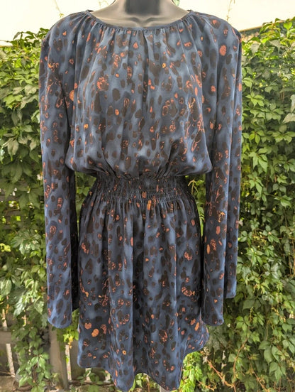Traffic People Navy Burnt Leopard Print Dress Size L UK14