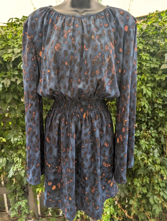 Traffic People Navy Burnt Leopard Print Dress Size L UK14