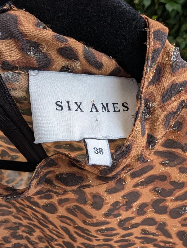 Six Ames Malina Leopard Print Ruffle Blouse Size 38