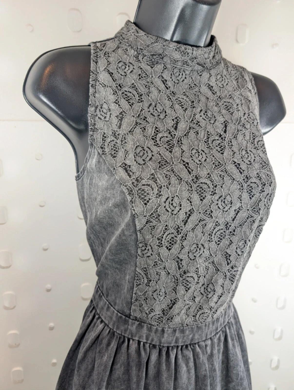 Neon Rose Charcoal Grey Denim Fit & Flare Dress Lace Bodice UK14