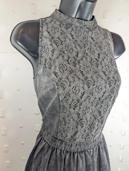 Neon Rose Charcoal Grey Denim Fit & Flare Dress Lace Bodice UK14