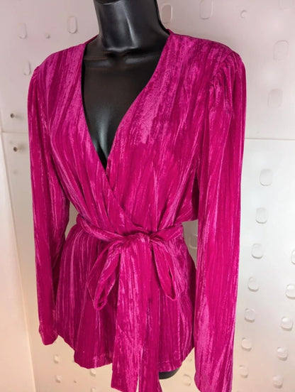 Topshop Fuchsia Pink Crushed Velvet Wrap Top UK16 Statement Party Barbiecore