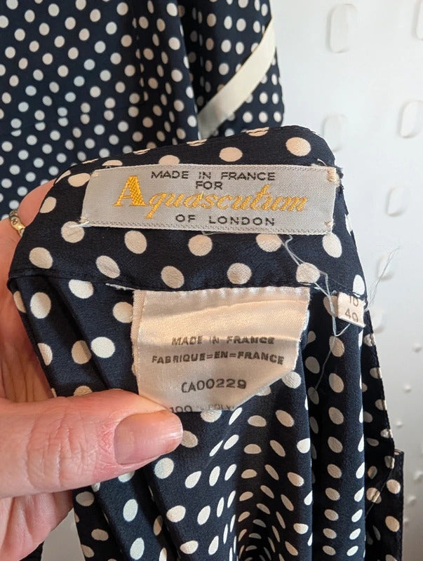 Vintage 1970s Aquascutum Navy Polka Dot Blouse & Skirt Set Made in France