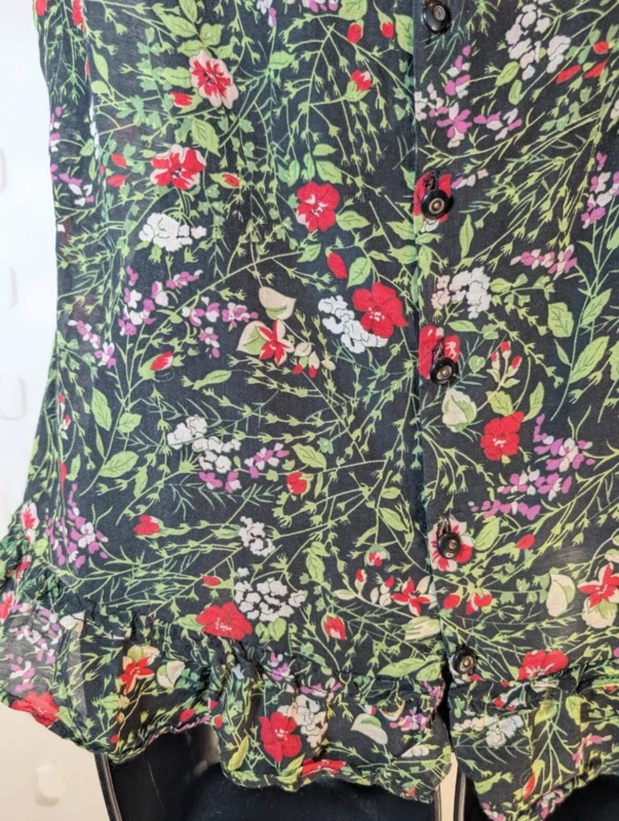 Black Ditsy Floral Blouse – Tie Neck Ruched Front – Lightweight – UK 8