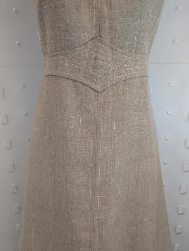 Vintage Handmade Beige Dress Geometric Trim Approx UK10 / 12
