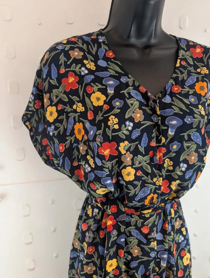 Vintage 90s Paul Mausner Navy Floral Button Through Dress UK12