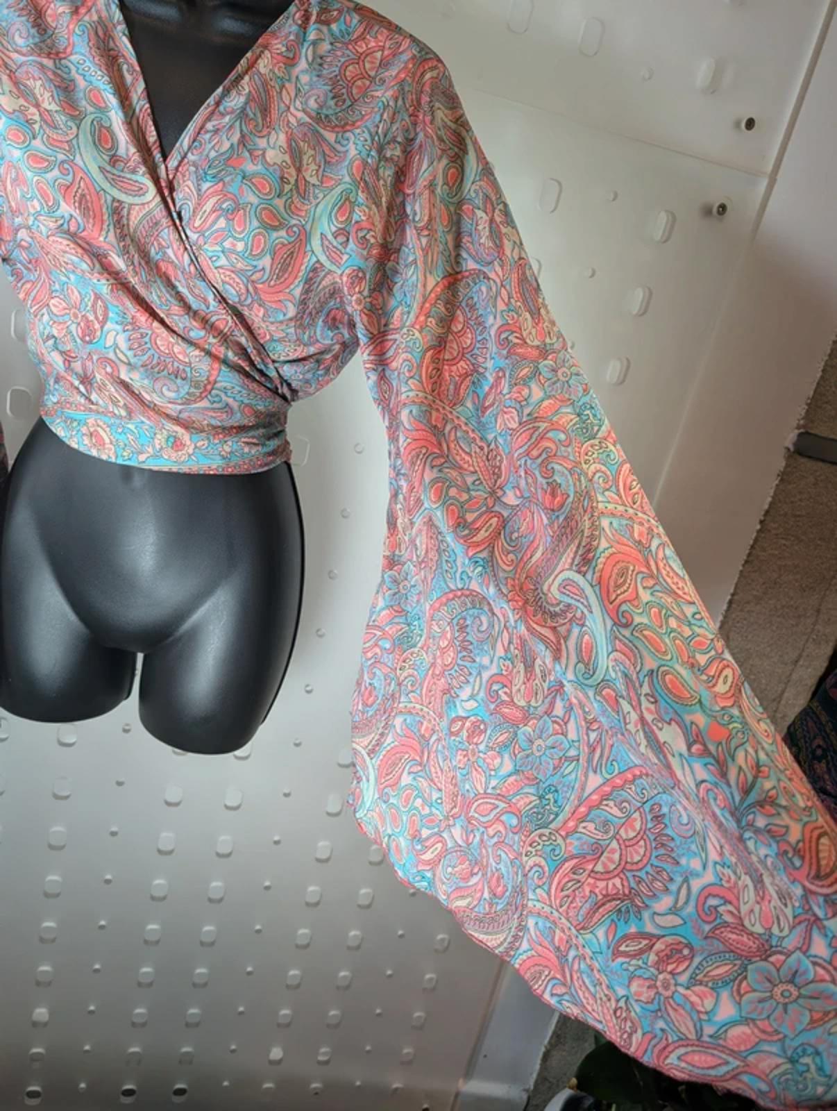 100% Silk Paisley Wrap Top | Coral & Blue | Boho Flared Sleeve