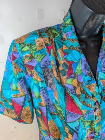 Vintage Patra Pure Silk Blouse Colourful Print Short Sleeve Shoulder Pads EU 38
