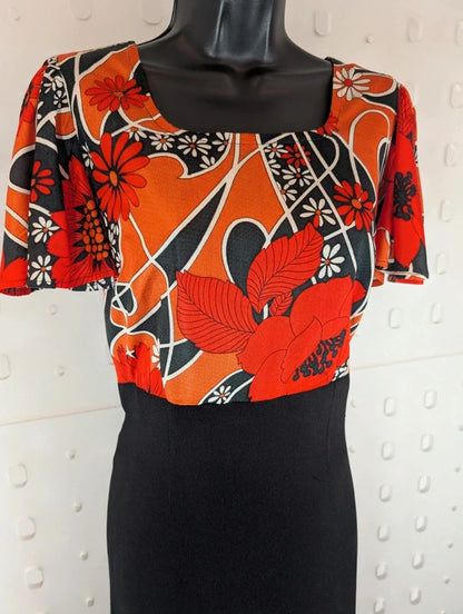 Vintage 1970s Handmade Floral Black Maxi Dress