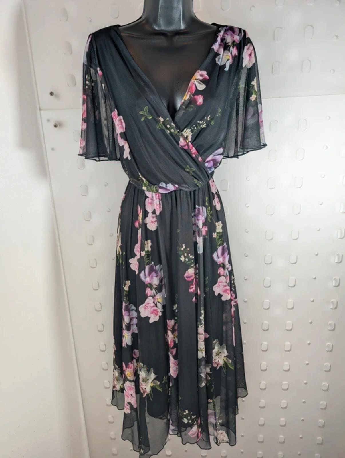 Scarlett & Jo London dark floral mesh midi dress UK12.