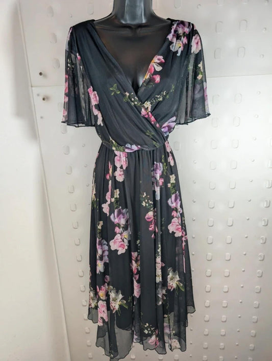 Scarlett & Jo London dark floral mesh midi dress UK12.