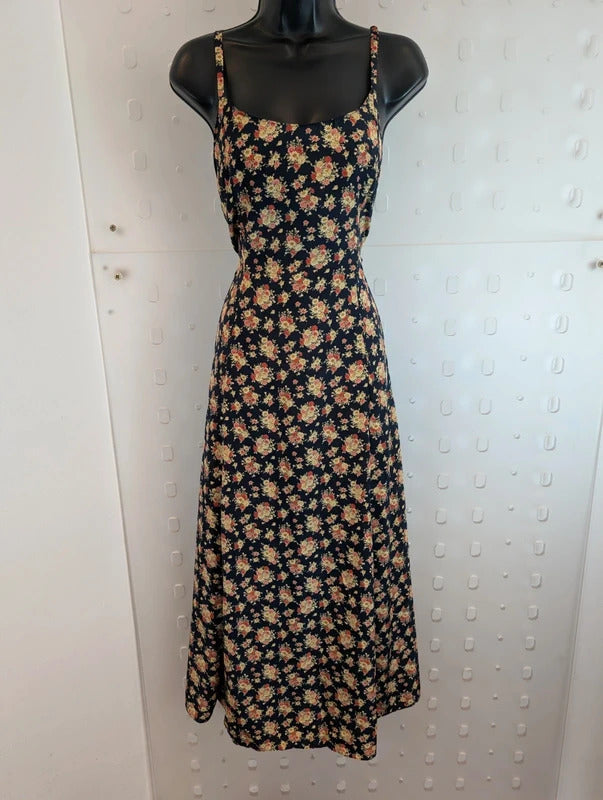 Vintage 90s Made in Great Britain Navy Rose Floral Maxi Dress UK16