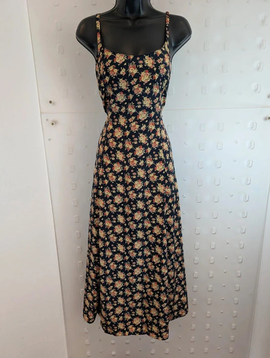 Vintage 90s Made in Great Britain Navy Rose Floral Maxi Dress UK16