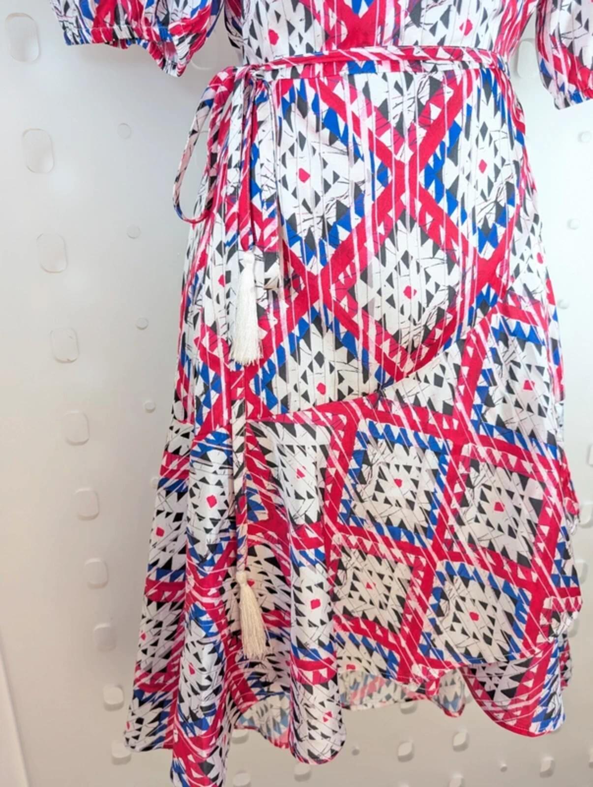 Guess Satin Wrap Dress – Puff Sleeve Tie Waist – Printed Midi – S