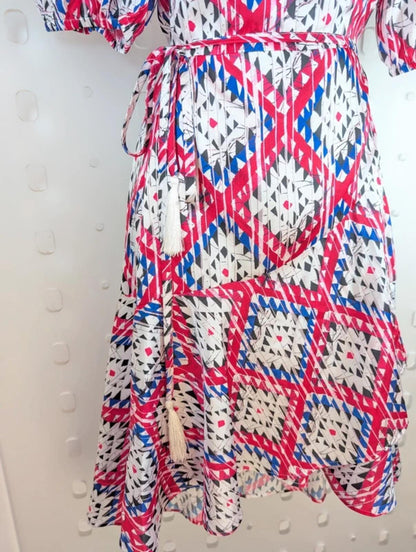 Guess Satin Wrap Dress – Puff Sleeve Tie Waist – Printed Midi – S