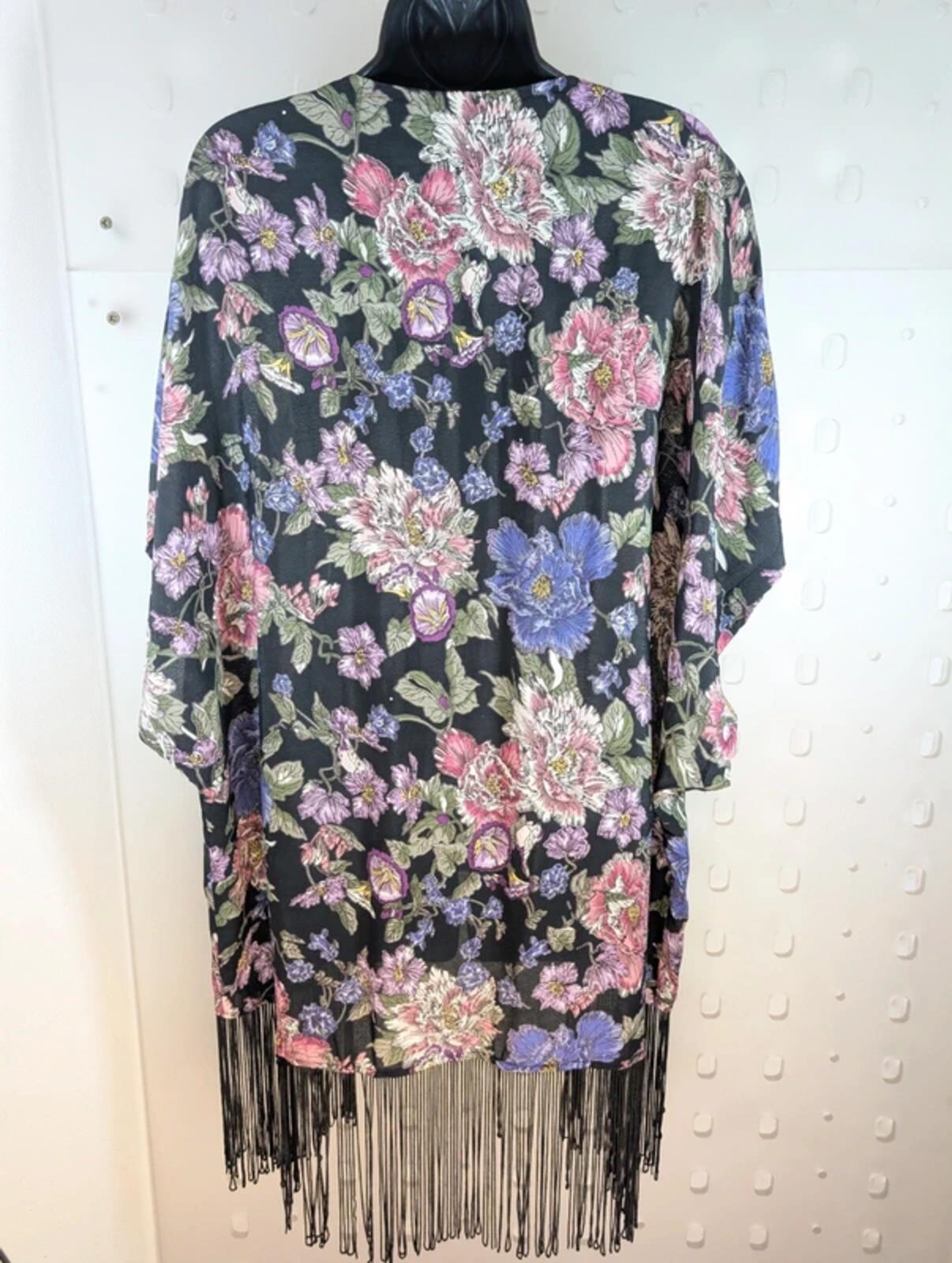 New Look floral tasseled kimono cover up boho festival beachy black pink uk10