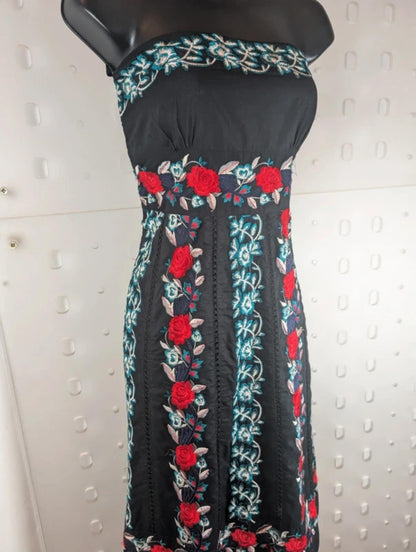 Monsoon Rose Embroidered Dress Black Red UK10