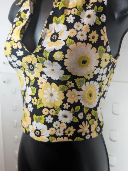 Motel Daisy Print Crop Top Black Yellow XS