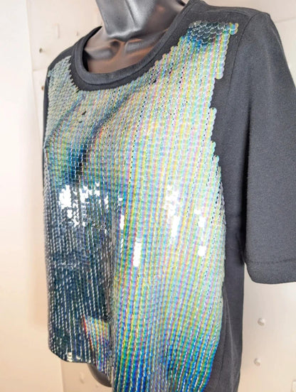 Calvin Klein Black Holographic Sequin Oversized T-Shirt Top UK8–10