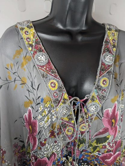 Simply Rhona Resort Wear Floral Kaftan Grey Multi Medium